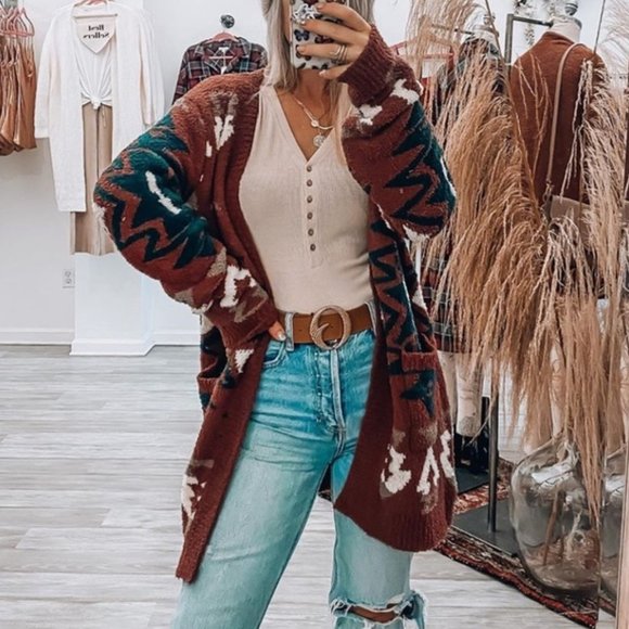 Shop_Fig Sweaters - Native Print Boho Blanket Cardigan Sweater